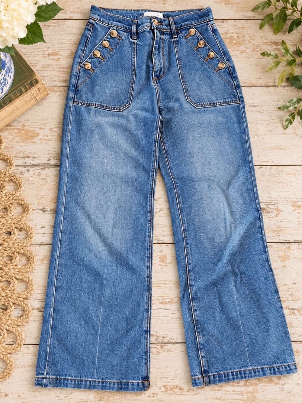 LOFT Medium Blue High-Rise Sailor  Wide Leg Button-Accent Jeans 2/26